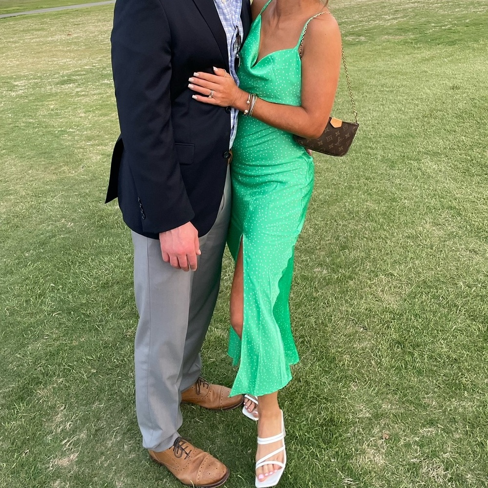 Green with white polka dots midi slip dress